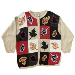 Vintage 90s Dressbarn Size 18 20 Beige Leaf Knit Cardigan Cottagecore Cabincore